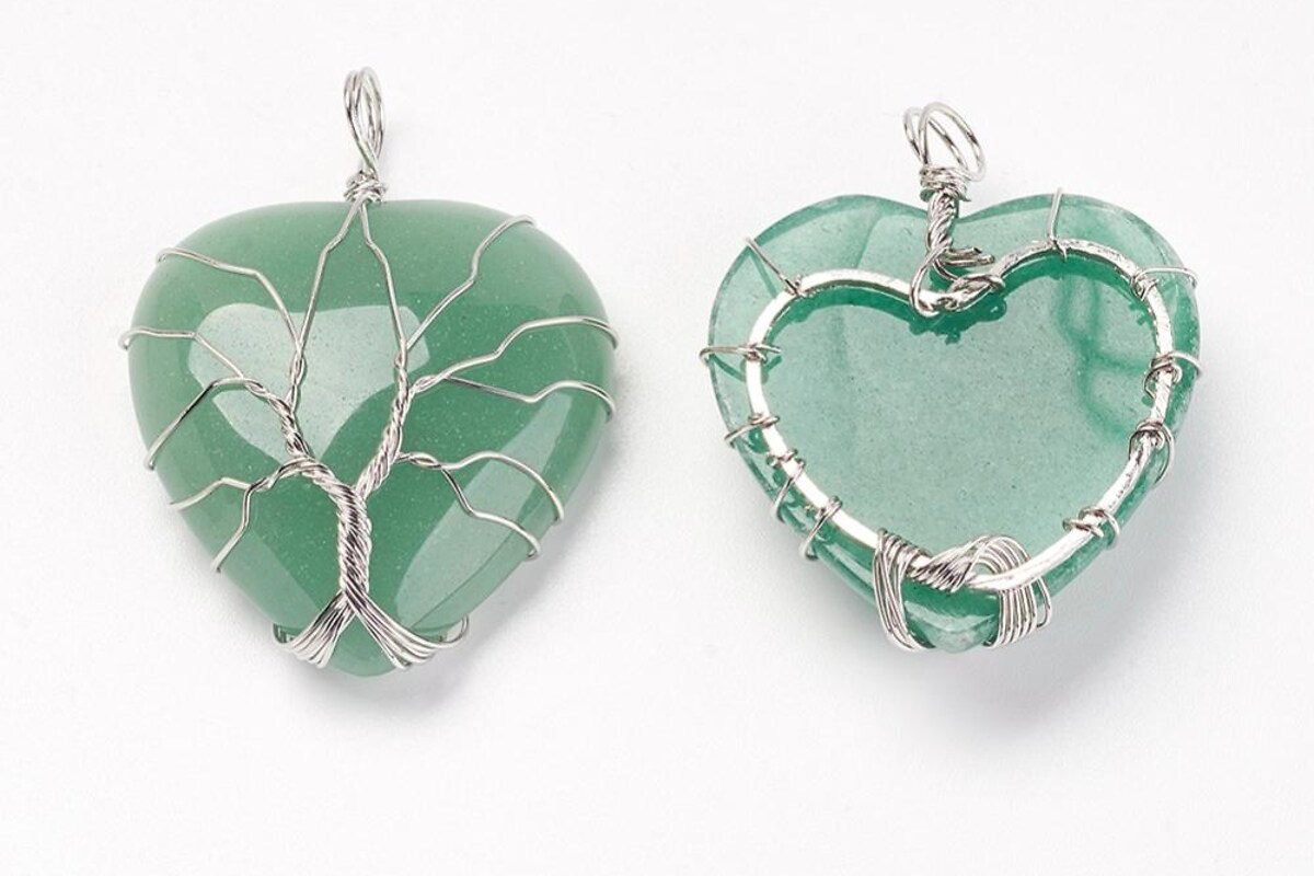 Pandantiv inima copacul vietii aventurin verde, in montura argintiu inchis, 40x30mm
