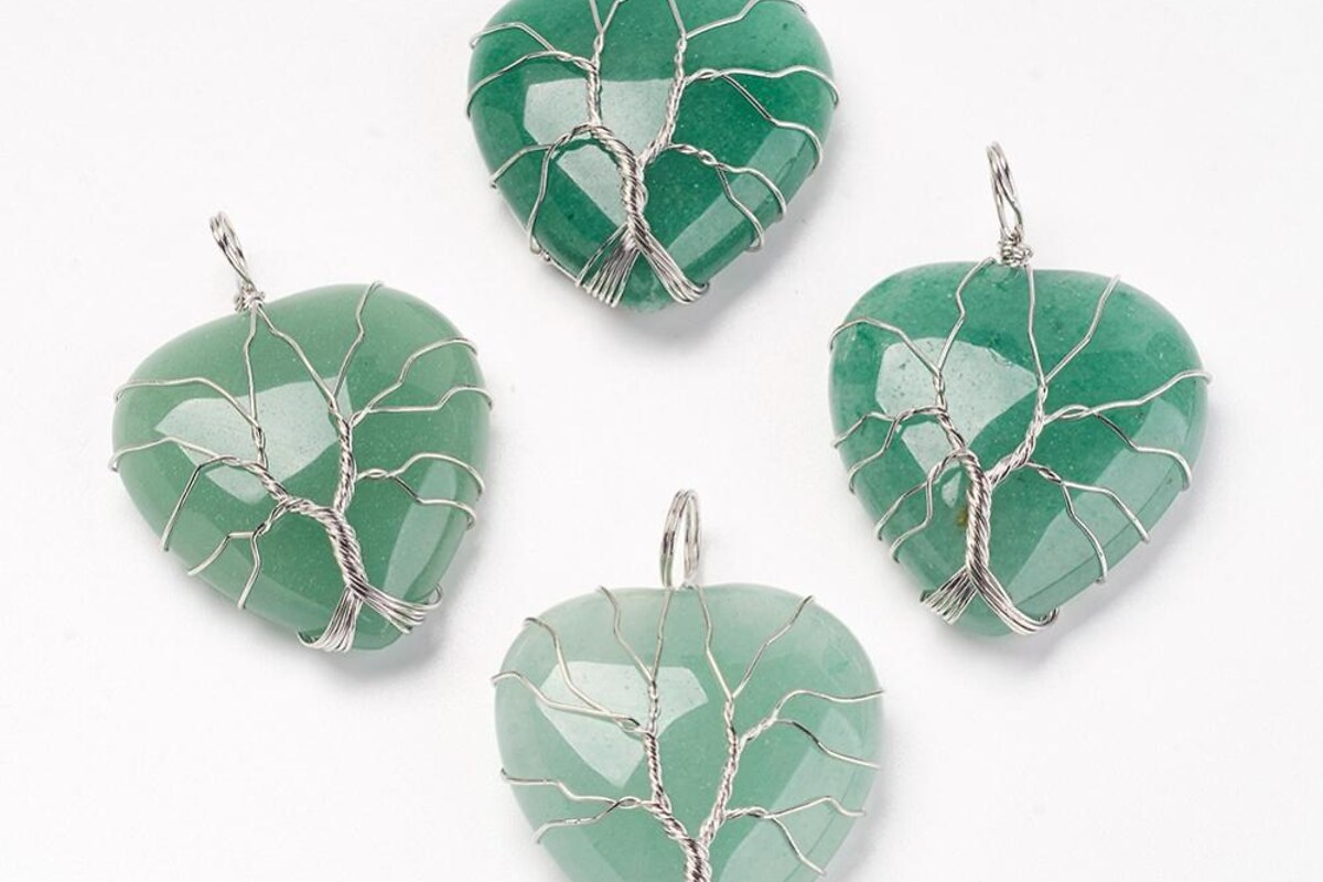 Pandantiv inima copacul vietii aventurin verde, in montura argintiu inchis, 40x30mm