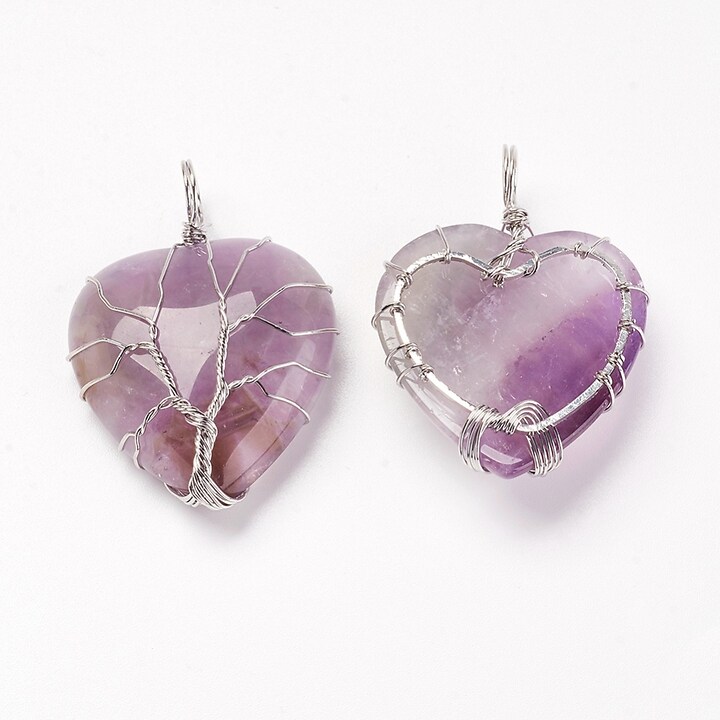 Pandantiv inima copacul vietii ametist, in montura argintiu inchis, 40x30mm