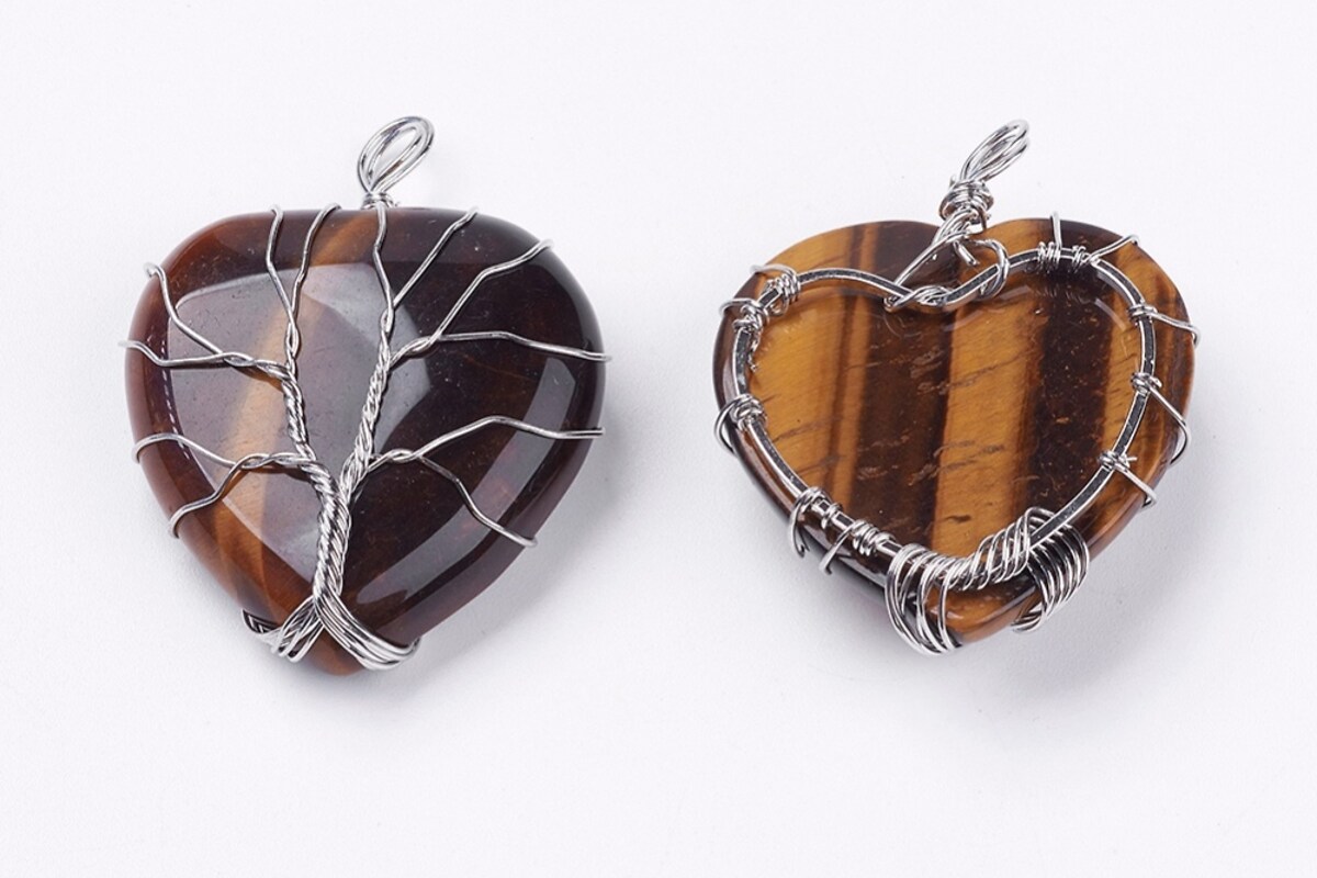 Pandantiv inima copacul vietii ochi de tigru, in montura argintiu inchis, 40x30mm