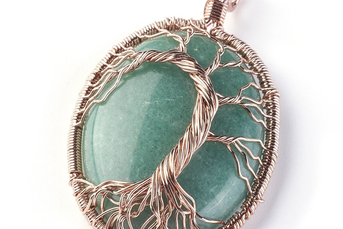 Pandantiv oval copacul vietii aventurin verde, in montura rose gold, 58x36mm