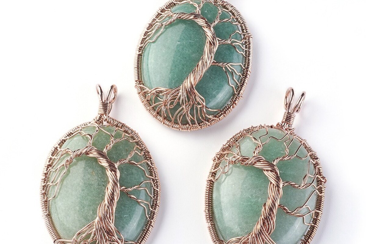 Pandantiv oval copacul vietii aventurin verde, in montura rose gold, 58x36mm