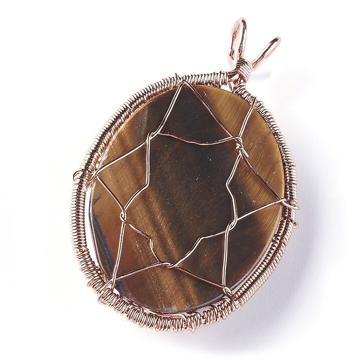 Pandantiv oval copacul vietii ochi de tigru, in montura rose gold, 58x36mm