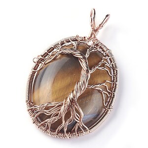 Pandantiv oval copacul vietii ochi de tigru, in montura rose gold, 58x36mm