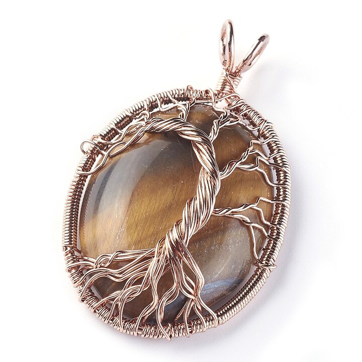 Pandantiv oval copacul vietii ochi de tigru, in montura rose gold, 58x36mm