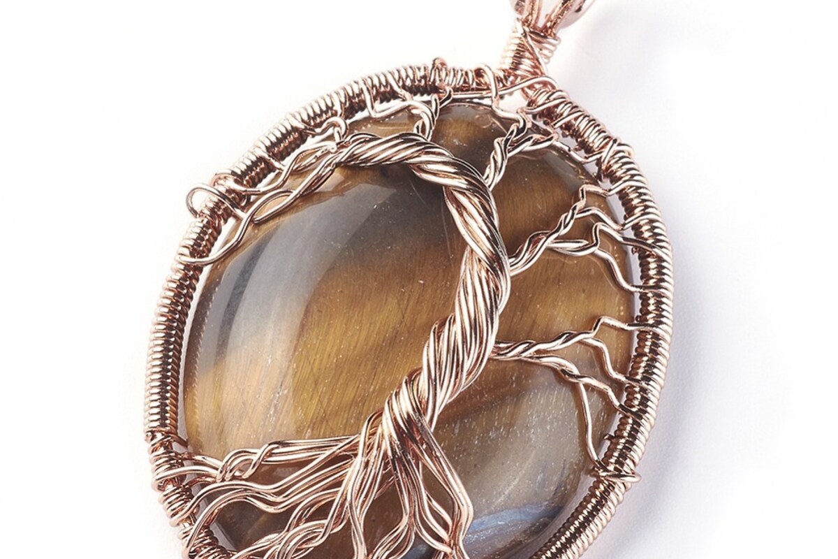 Pandantiv oval copacul vietii ochi de tigru, in montura rose gold, 58x36mm