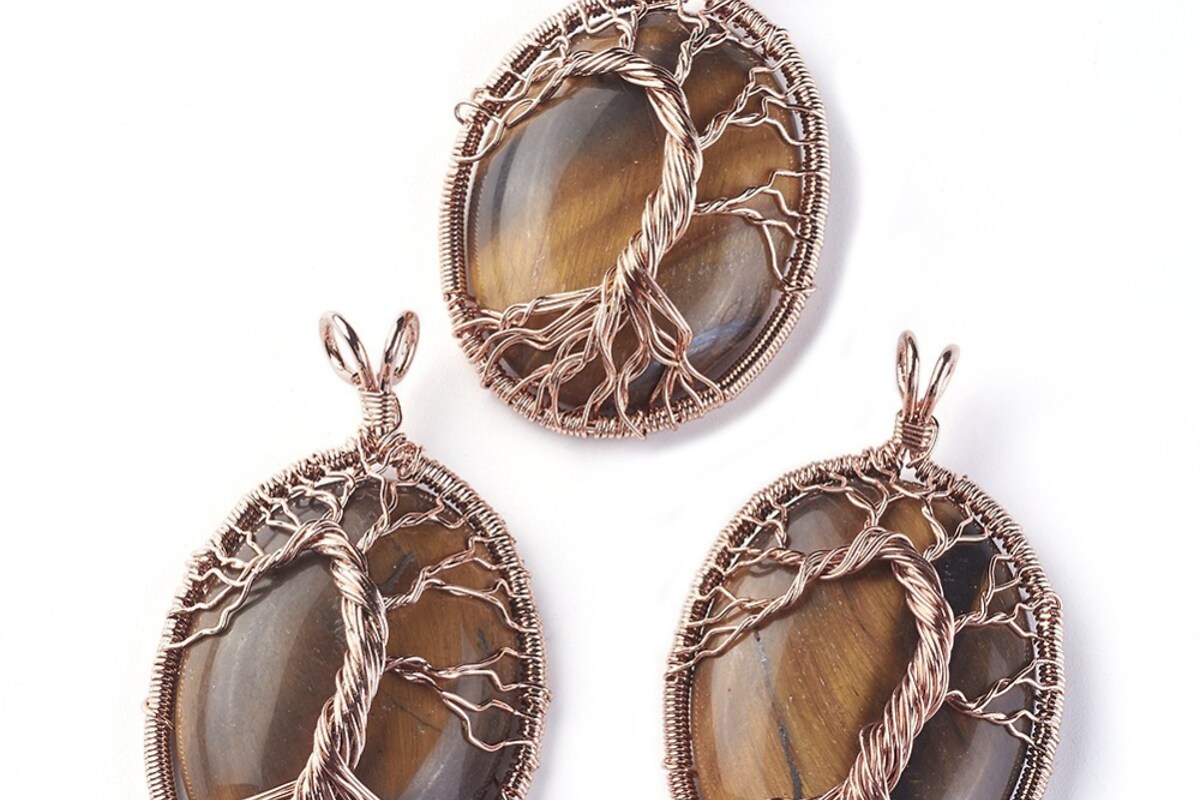 Pandantiv oval copacul vietii ochi de tigru, in montura rose gold, 58x36mm