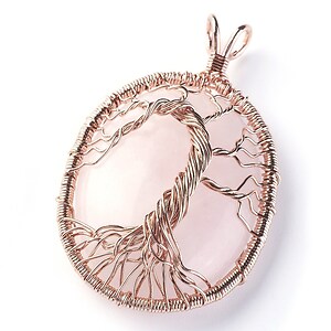 Pandantiv oval copacul vietii cuart roz, in montura rose gold, 58x36mm