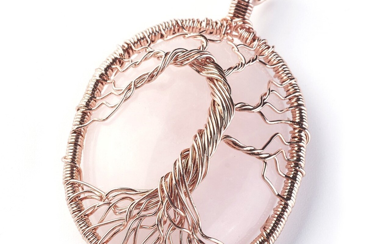 Pandantiv oval copacul vietii cuart roz, in montura rose gold, 58x36mm