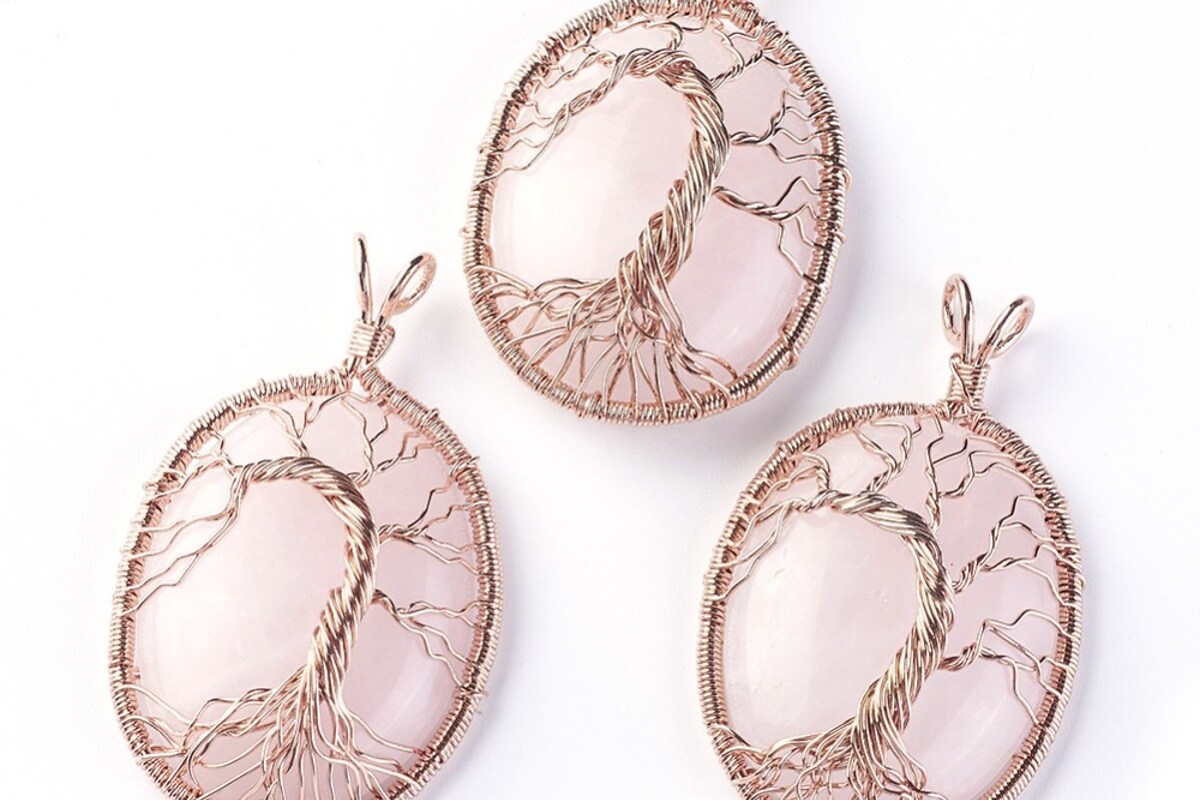 Pandantiv oval copacul vietii cuart roz, in montura rose gold, 58x36mm