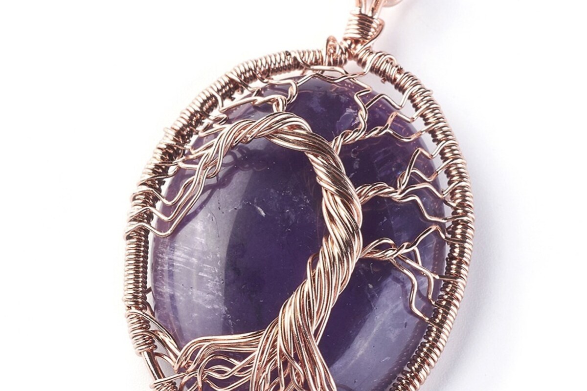 Pandantiv oval copacul vietii ametist, in montura rose gold, 58x36mm