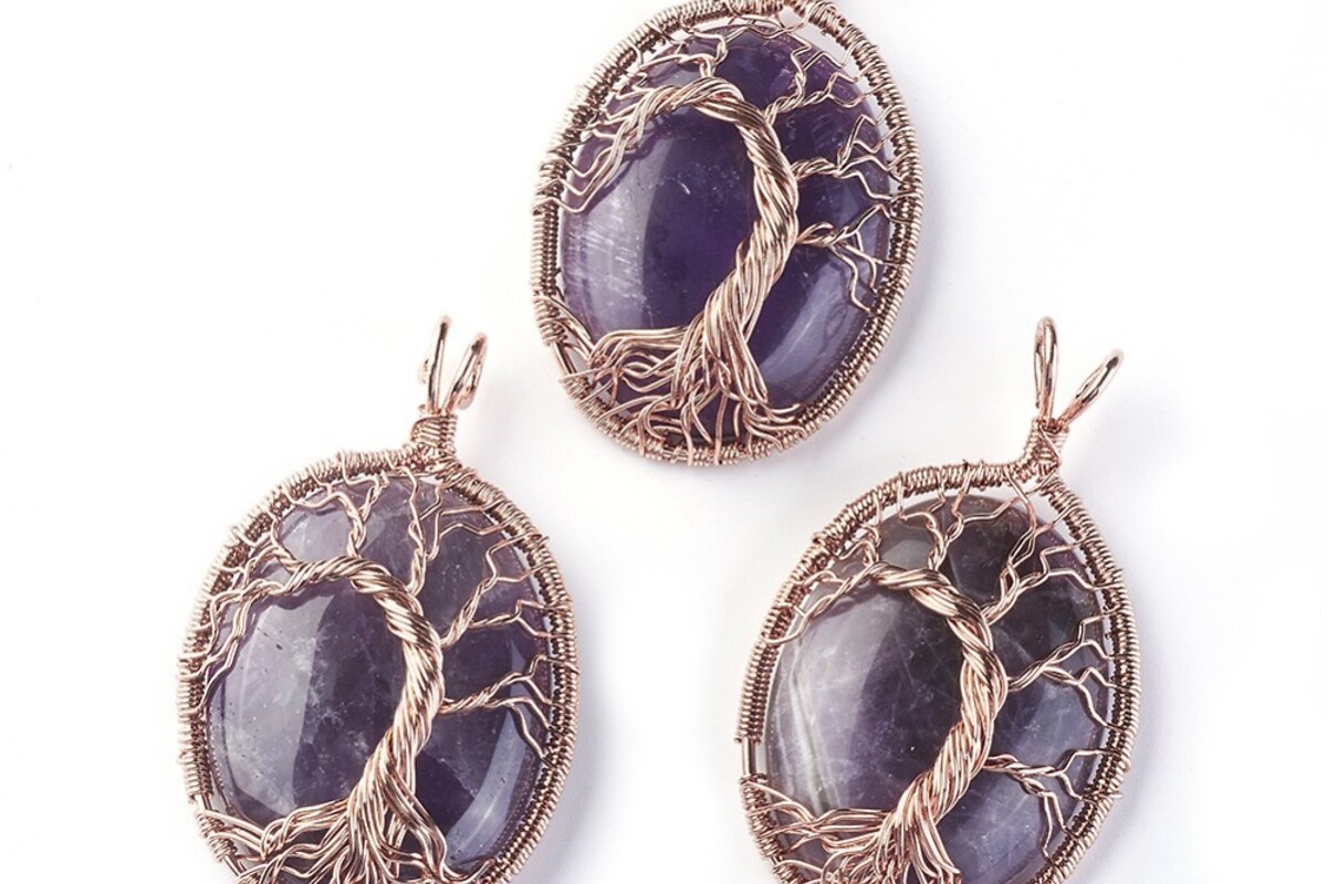 Pandantiv oval copacul vietii ametist, in montura rose gold, 58x36mm
