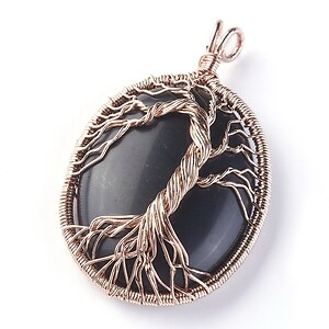 Pandantiv oval copacul vietii obsidian, in montura rose gold, 58x36mm
