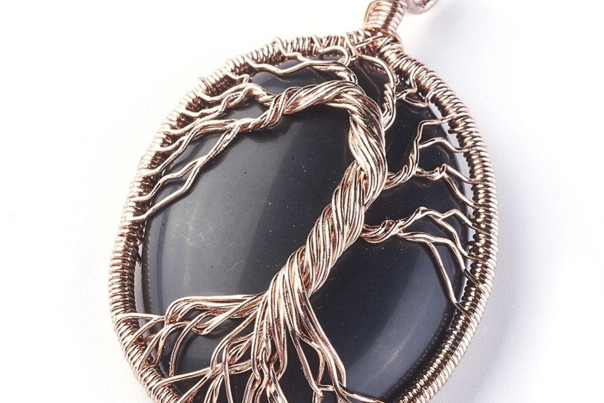 Pandantiv oval copacul vietii obsidian, in montura rose gold, 58x36mm