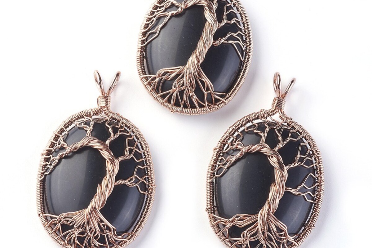 Pandantiv oval copacul vietii obsidian, in montura rose gold, 58x36mm