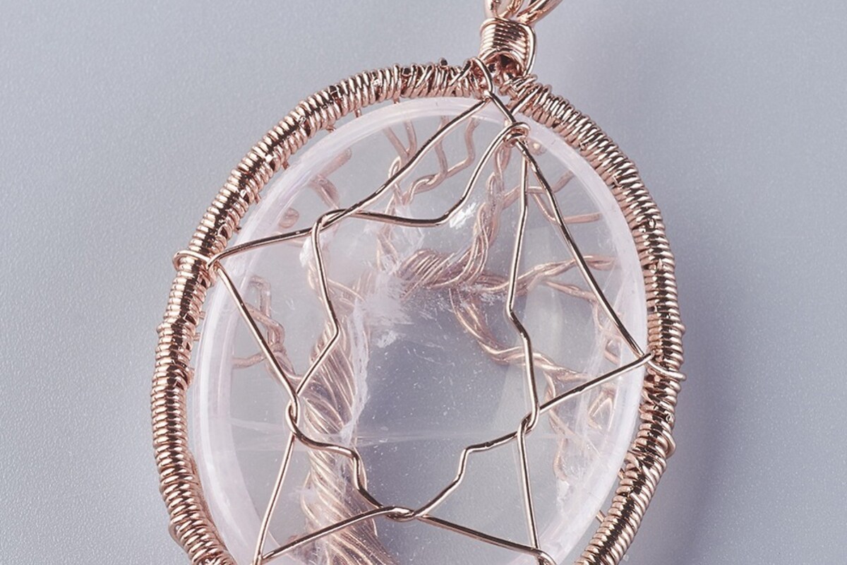 Pandantiv oval copacul vietii cuart alb, in montura rose gold, 58x36mm