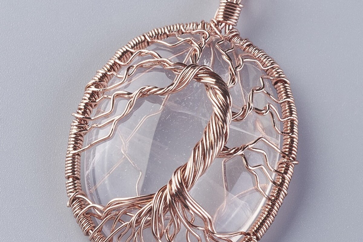Pandantiv oval copacul vietii cuart alb, in montura rose gold, 58x36mm