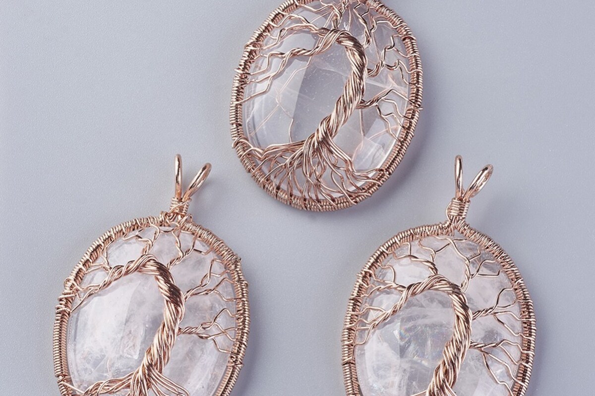 Pandantiv oval copacul vietii cuart alb, in montura rose gold, 58x36mm