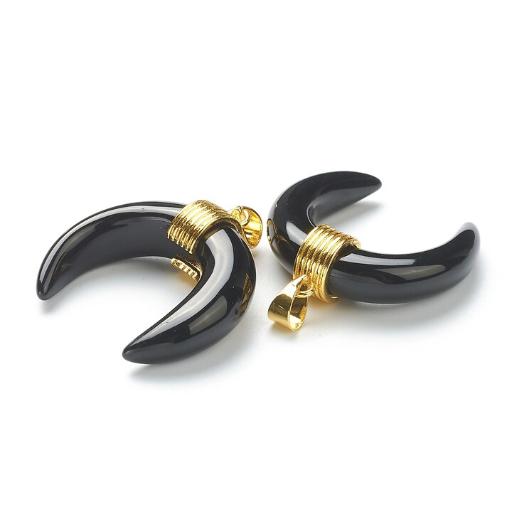 Pandantiv semiluna obsidian, cu agatatoare aurie, 32x30mm