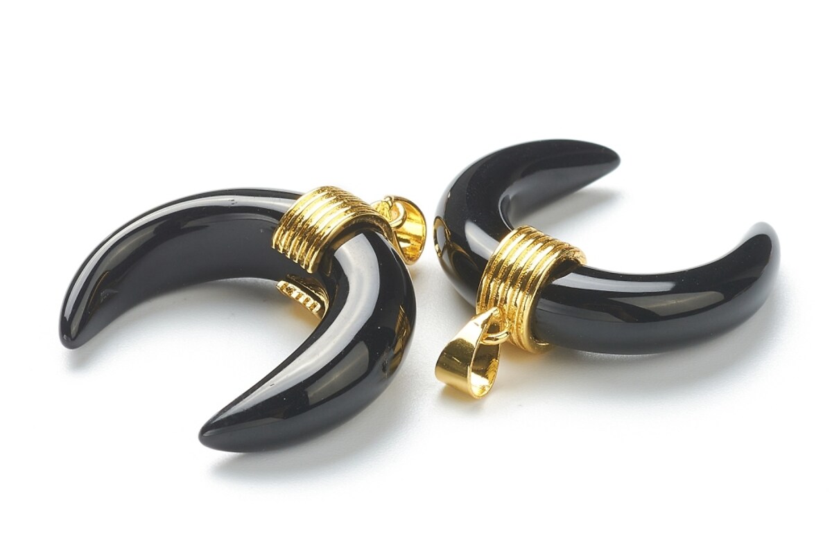 Pandantiv semiluna obsidian, cu agatatoare aurie, 32x30mm