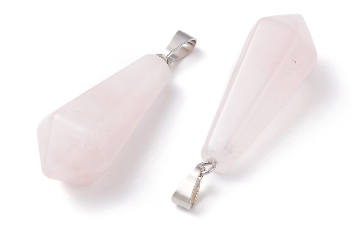 Pandantiv glont cuart roz, cu agatatoare argintiu inchis, 36x14mm