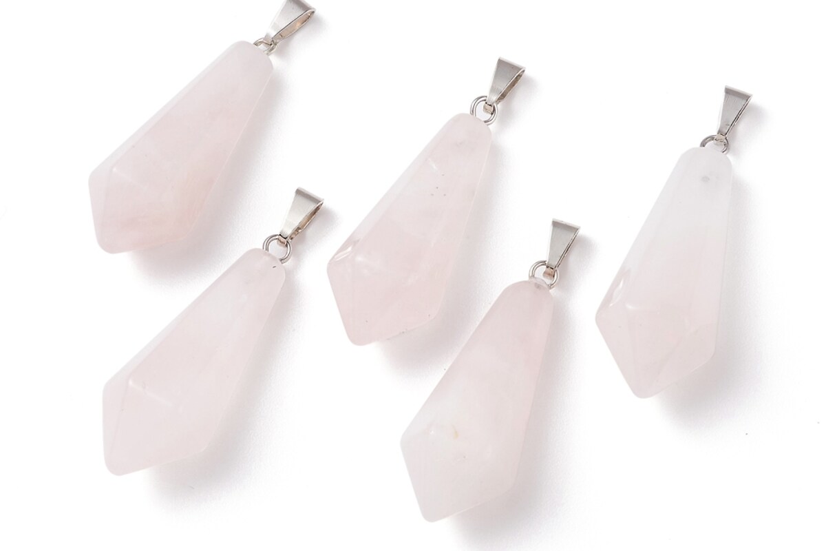 Pandantiv glont cuart roz, cu agatatoare argintiu inchis, 36x14mm