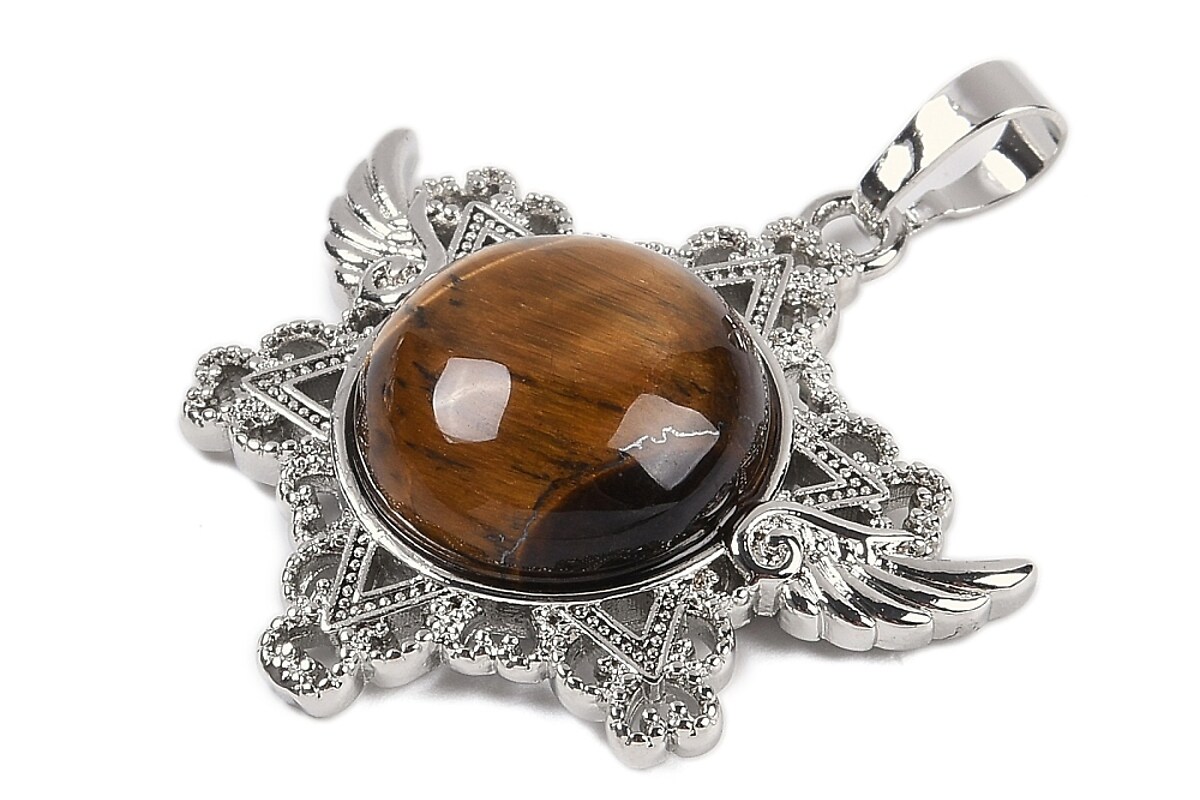 Pandantiv stea ochi de tigru, cu agatatoare argintiu inchis, 35x34mm