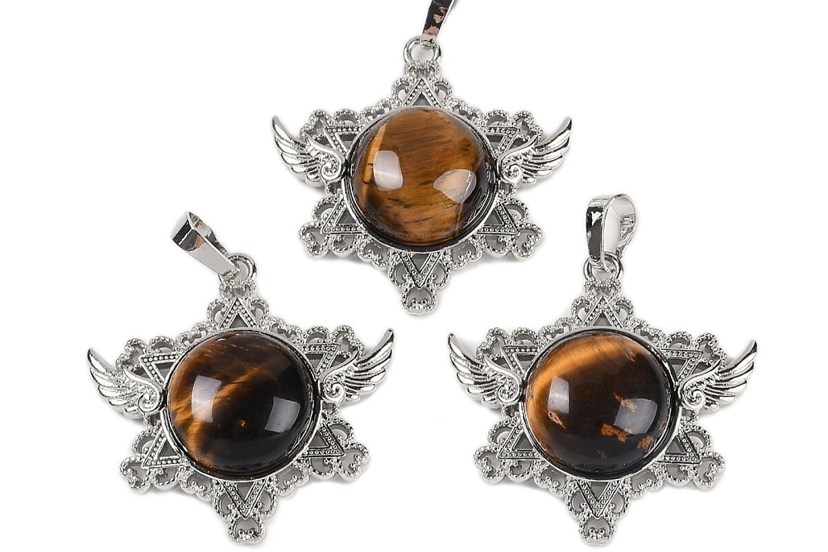 Pandantiv stea ochi de tigru, cu agatatoare argintiu inchis, 35x34mm