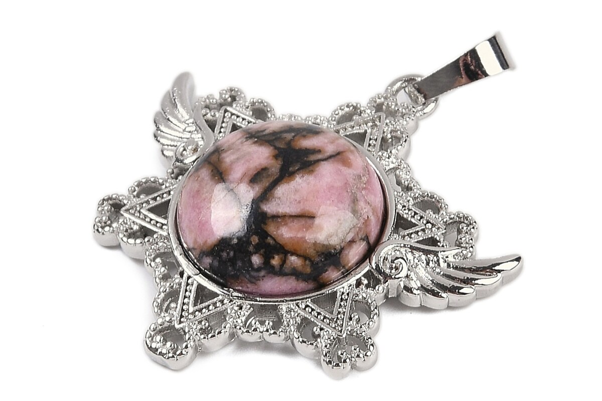 Pandantiv stea rodonit, cu agatatoare argintiu inchis, 35x34mm