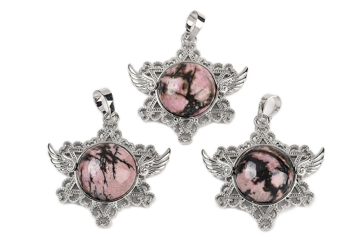 Pandantiv stea rodonit, cu agatatoare argintiu inchis, 35x34mm