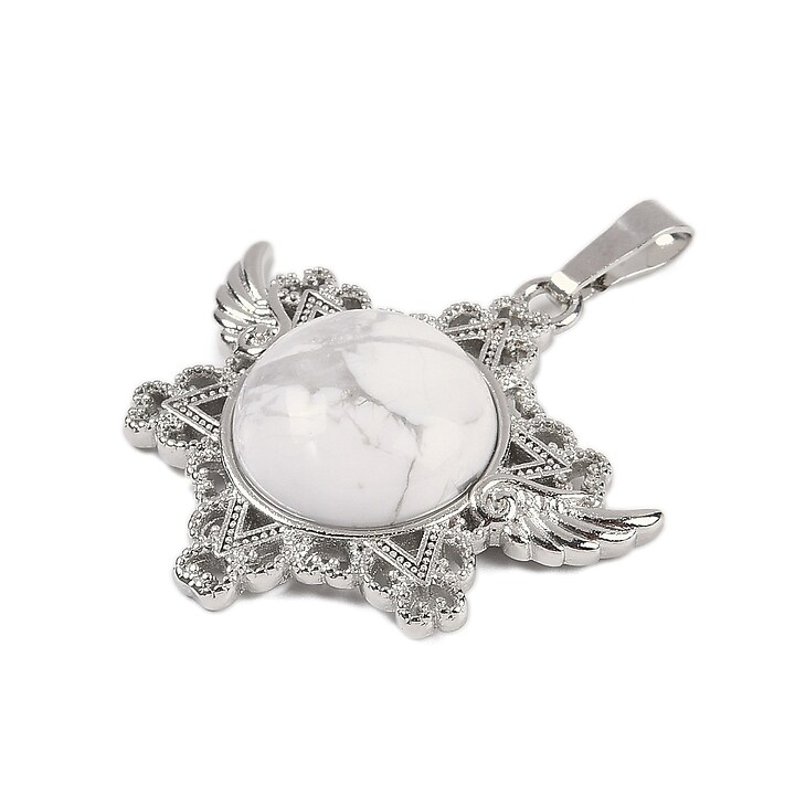 Pandantiv stea howlit alb, cu agatatoare argintiu inchis, 35x34mm