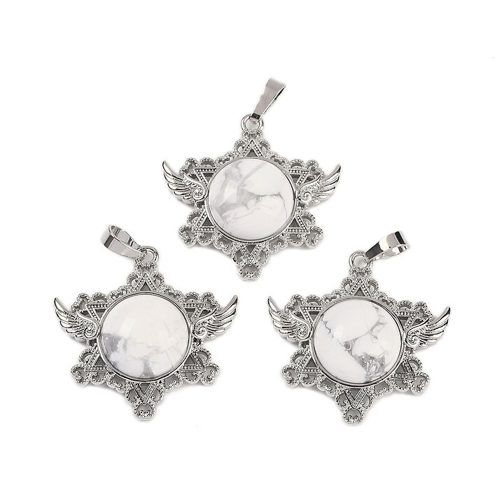 Pandantiv stea howlit alb, cu agatatoare argintiu inchis, 35x34mm