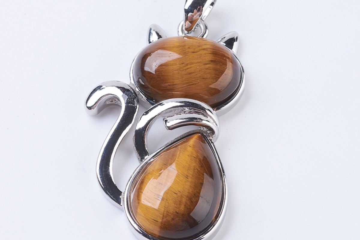 Pandantiv pisica cu ochi de tigru, cu agatatoare argintiu inchis, 45x27mm