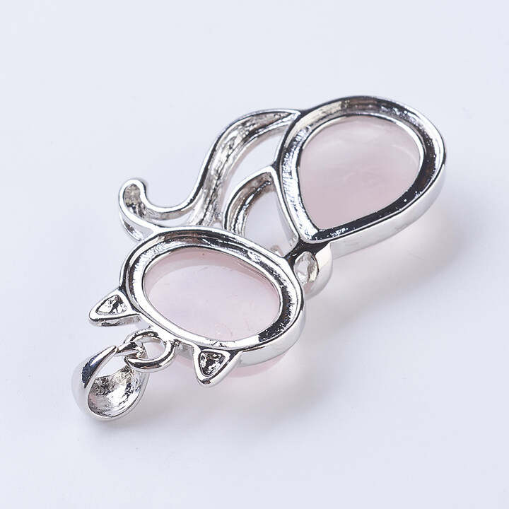 Pandantiv pisica cu cuart roz, cu agatatoare argintiu inchis, 45x27mm