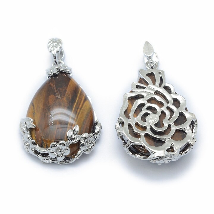 Pandantiv lacrima ochi de tigru, cu agatatoare argintiu inchis, 40,5x28mm