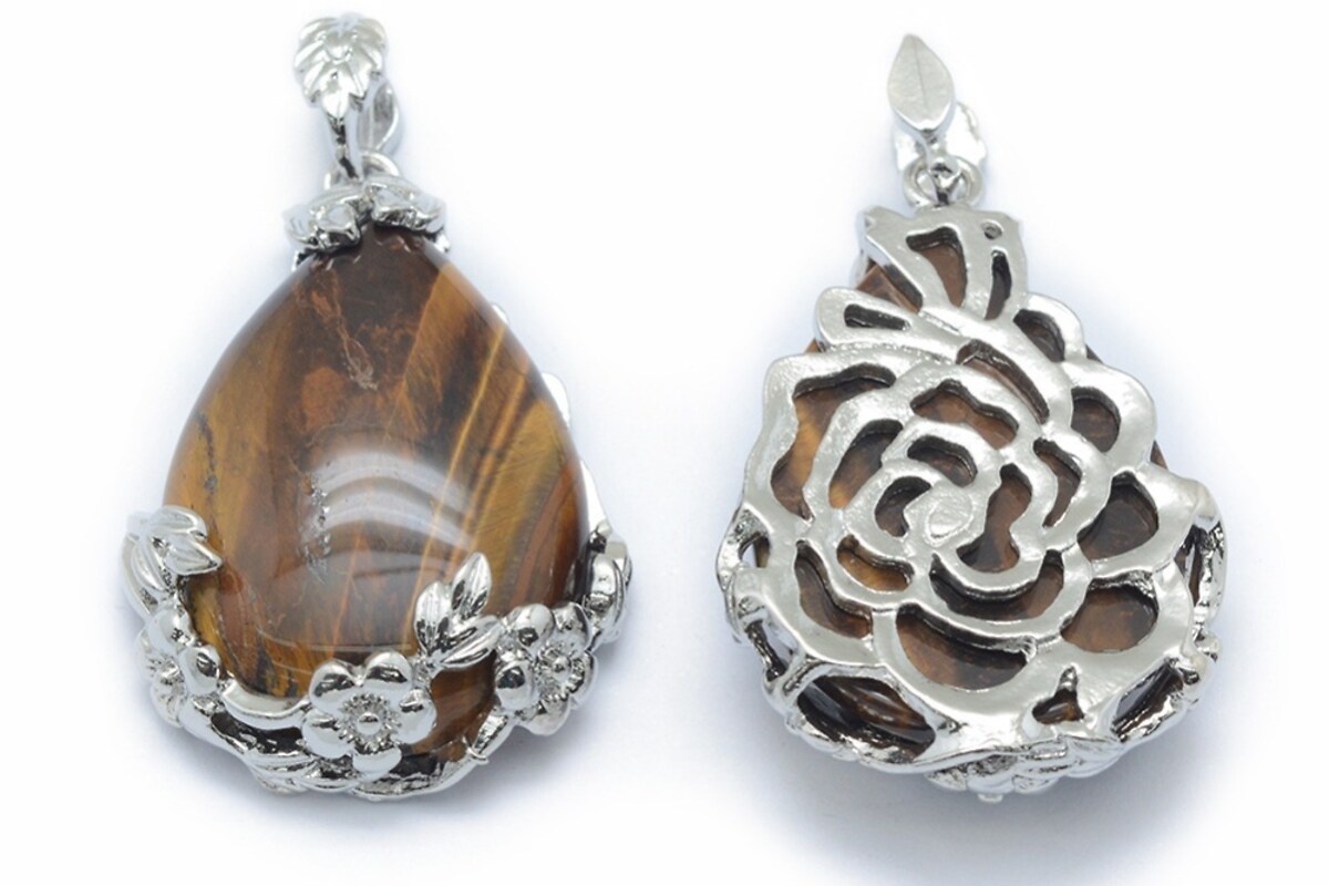 Pandantiv lacrima ochi de tigru, cu agatatoare argintiu inchis, 40,5x28mm