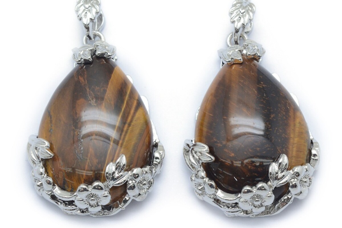 Pandantiv lacrima ochi de tigru, cu agatatoare argintiu inchis, 40,5x28mm