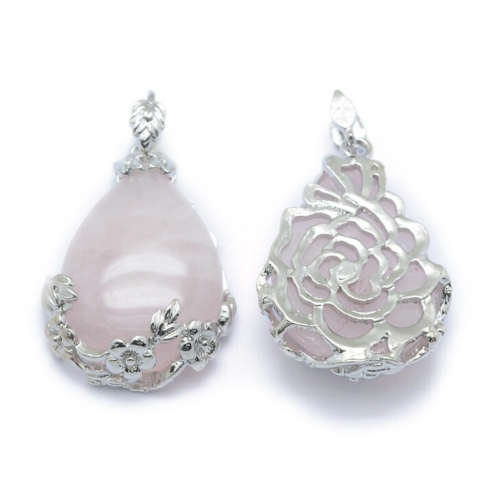 Pandantiv lacrima cuart roz, cu agatatoare argintiu inchis, 40,5x28mm