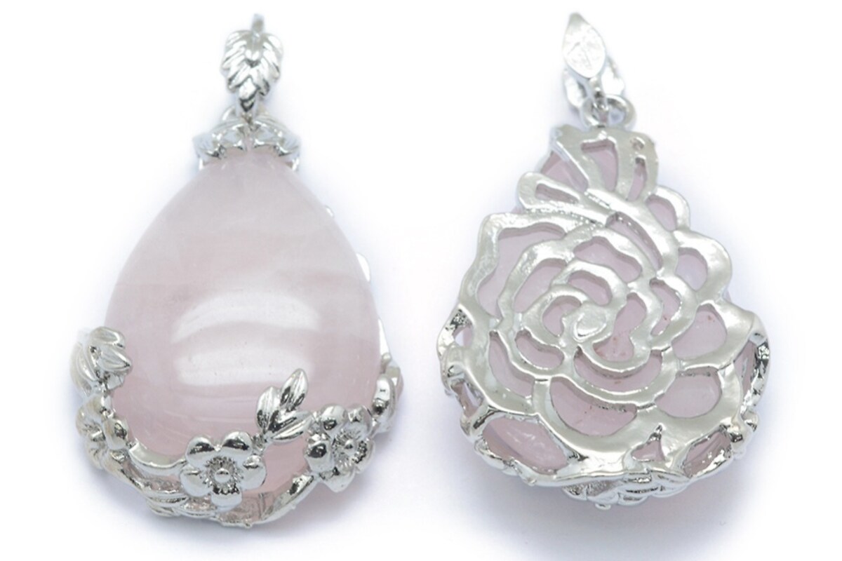 Pandantiv lacrima cuart roz, cu agatatoare argintiu inchis, 40,5x28mm
