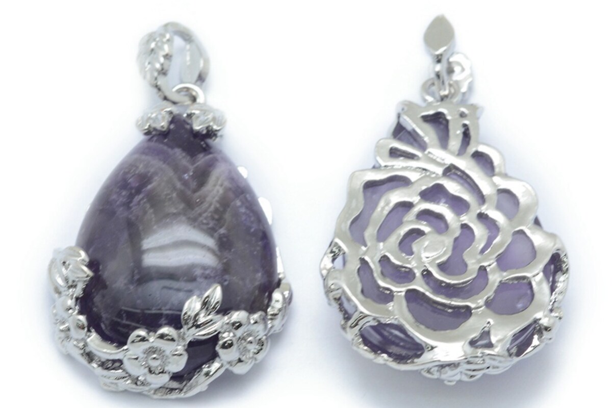 Pandantiv lacrima ametist, cu agatatoare argintiu inchis, 40,5x28mm