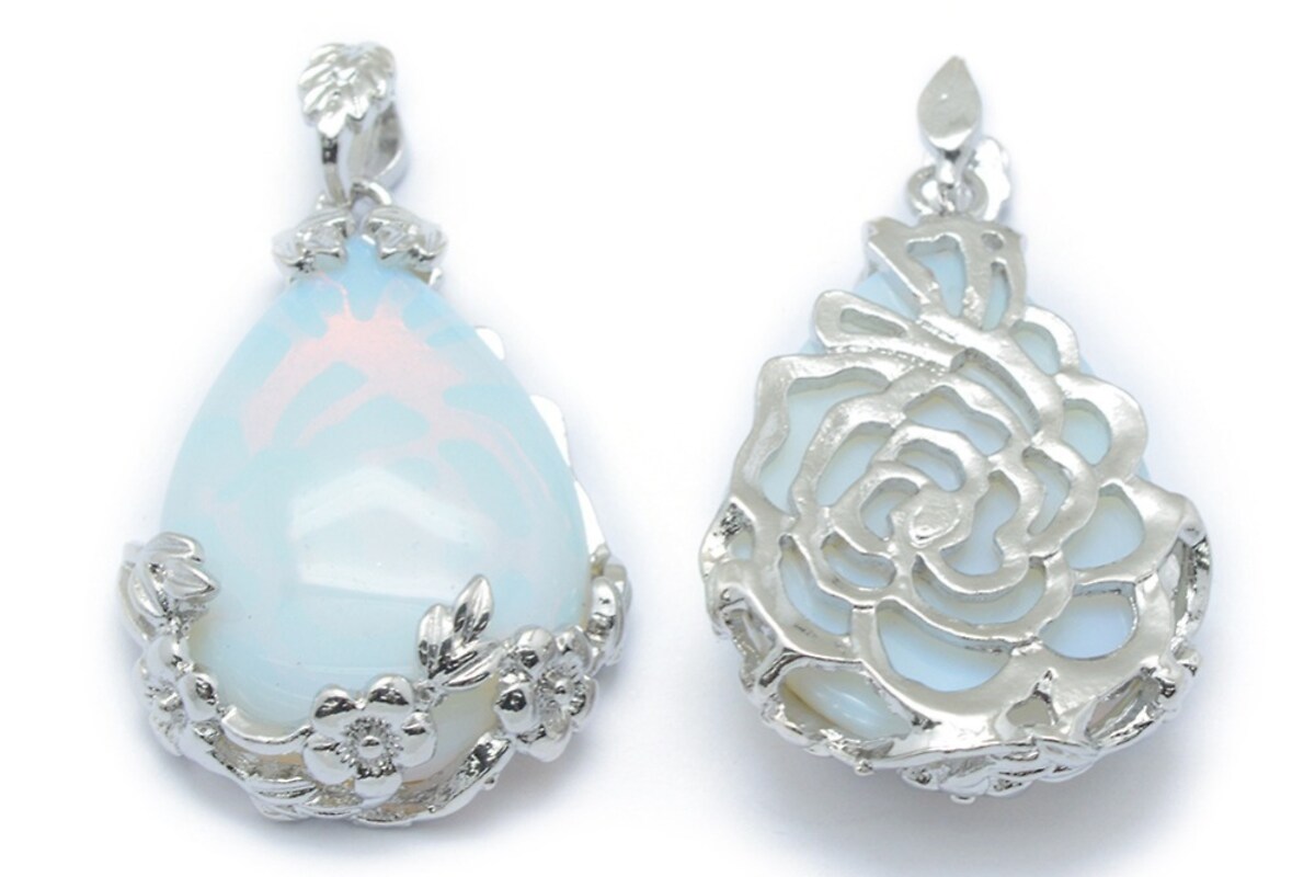 Pandantiv lacrima opalit, cu agatatoare argintiu inchis, 40,5x28mm