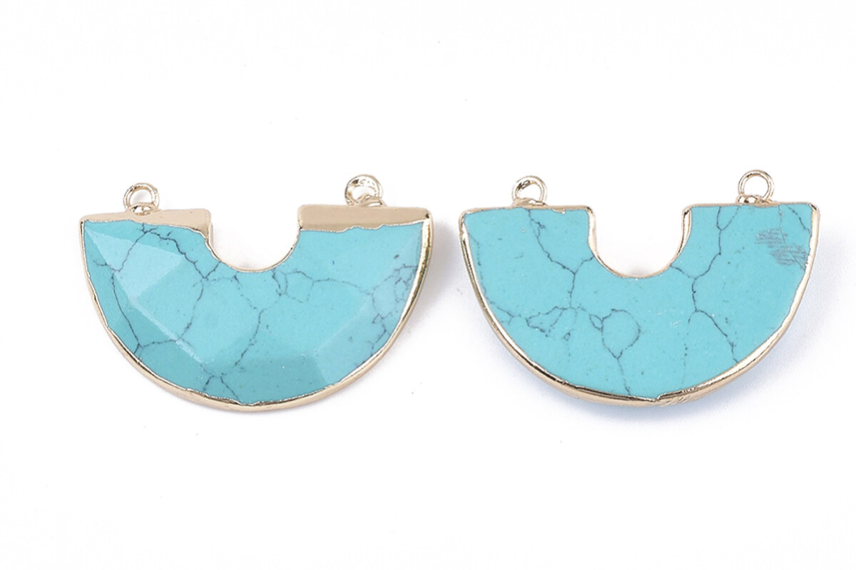 Pandantiv semicerc turcoaz de sinteza, cu agatatoare aurie, 28x41mm