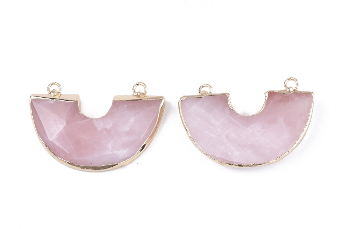 Pandantiv semicerc cuart roz, cu agatatoare aurie, 28x41mm