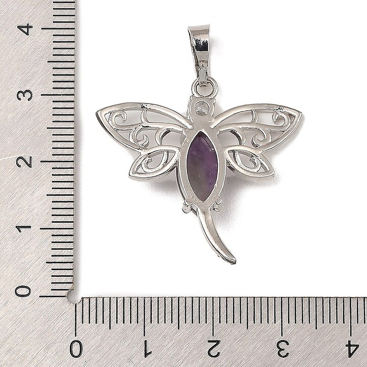 Pandantiv libelula ametist cu stras alb si agatatoare argintiu inchis 30x30mm