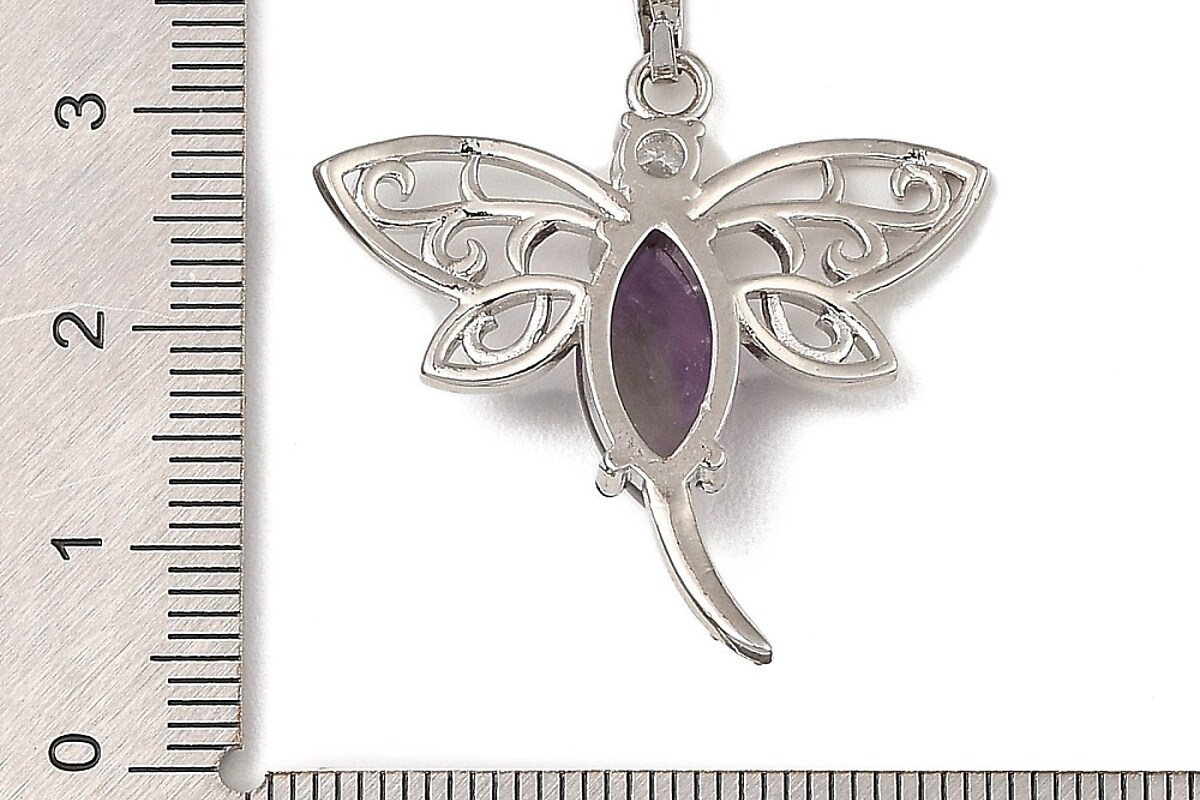 Pandantiv libelula ametist cu stras alb si agatatoare argintiu inchis 30x30mm