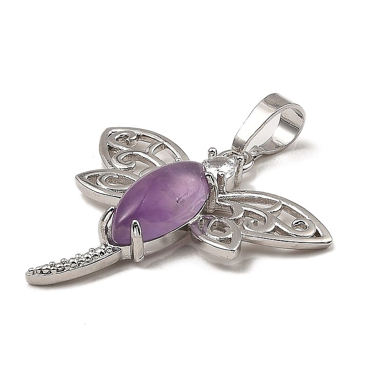 Pandantiv libelula ametist cu stras alb si agatatoare argintiu inchis 30x30mm