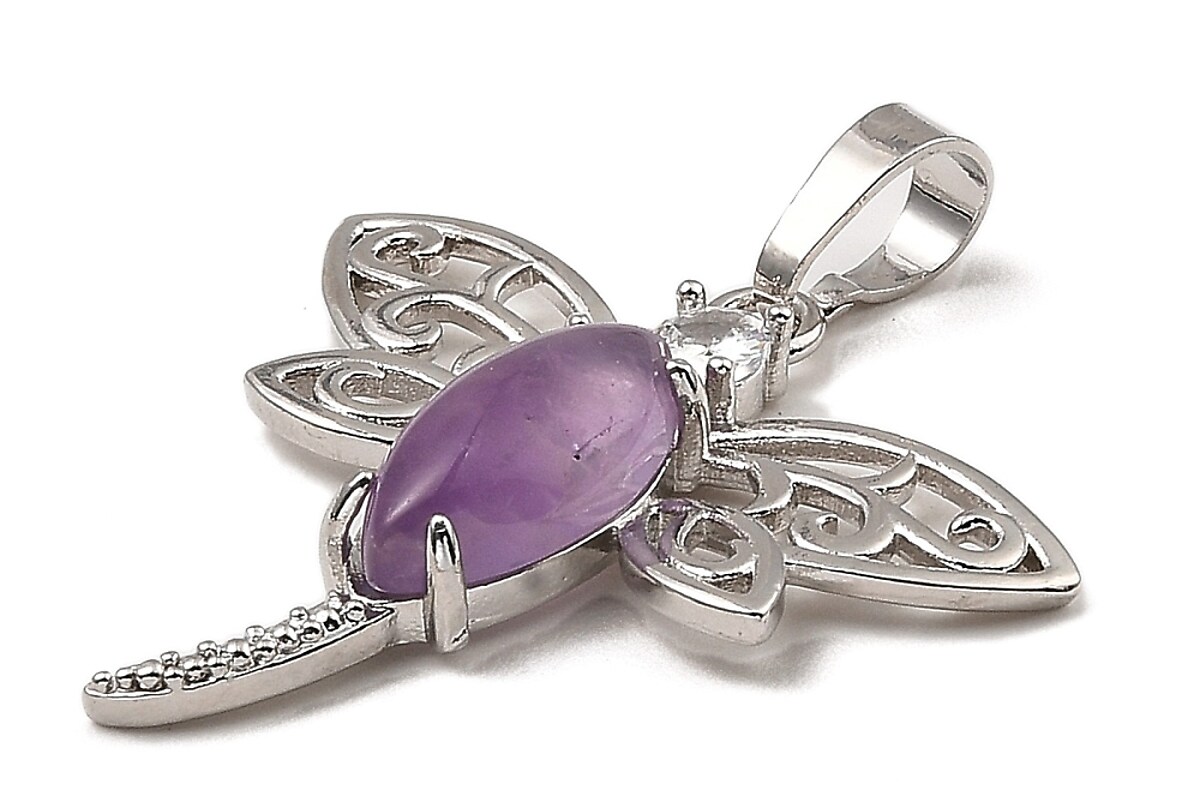 Pandantiv libelula ametist cu stras alb si agatatoare argintiu inchis 30x30mm