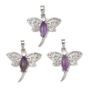 Pandantiv libelula ametist cu stras alb si agatatoare argintiu inchis 30x30mm