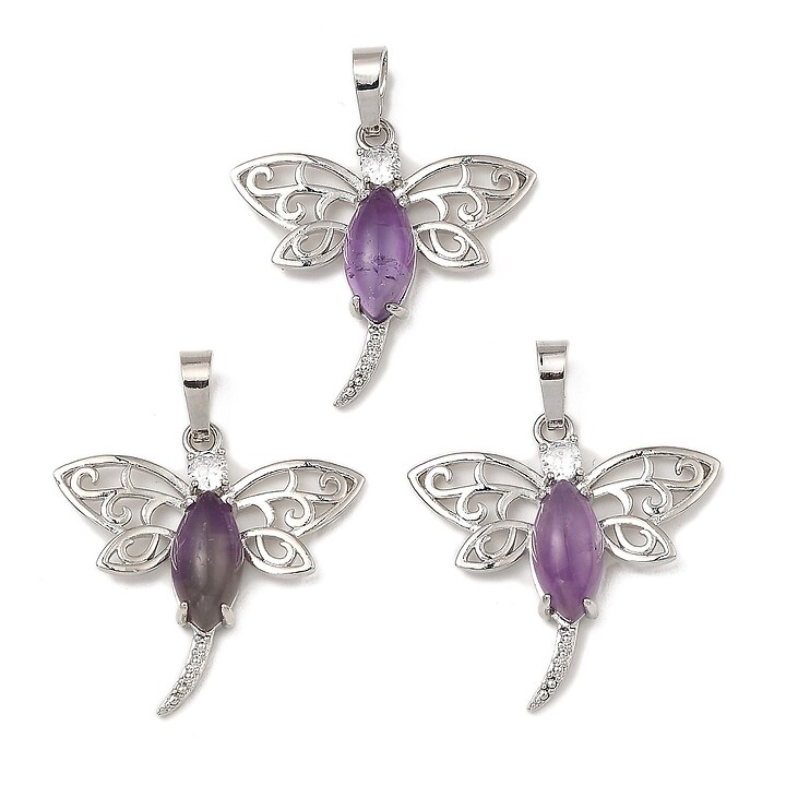 Pandantiv libelula ametist cu stras alb si agatatoare argintiu inchis 30x30mm