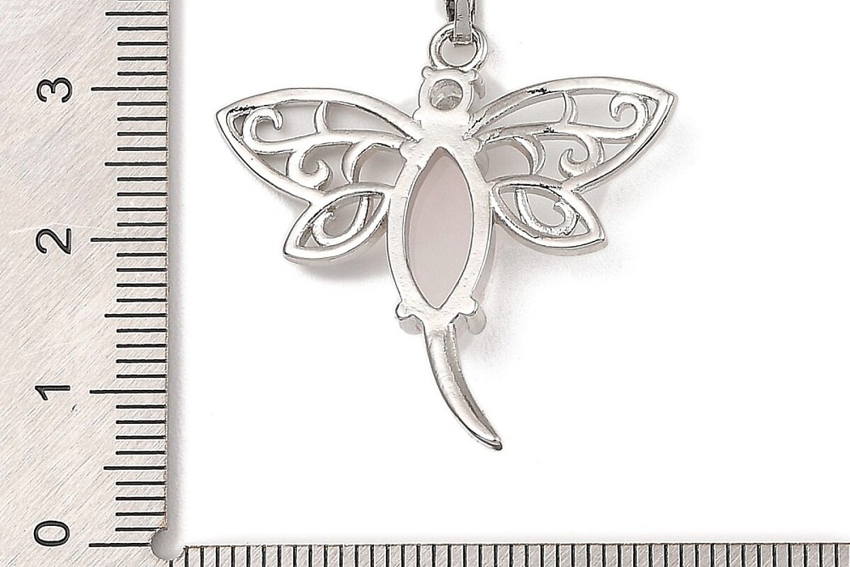 Pandantiv libelula cuart roz cu stras alb si agatatoare argintiu inchis 30x30mm